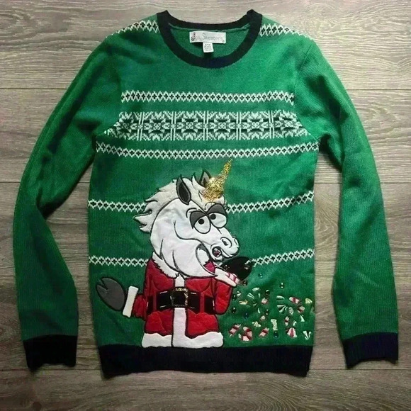 Jolly Sweaters Men’s Green Unicorn Holiday Christmas Sweater Bejeweled Size S - Picture 1 of 6
